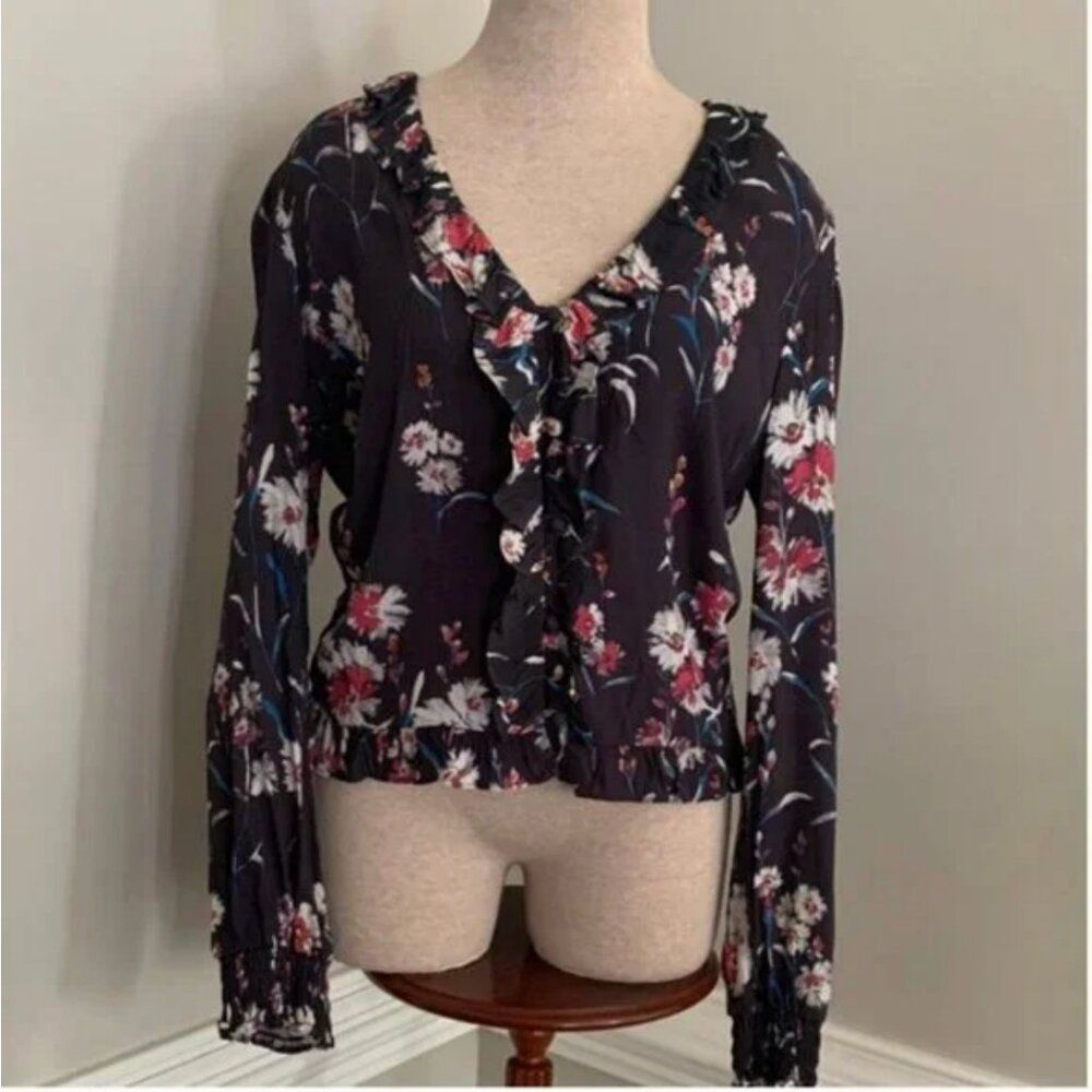 Willow & Clay Long Sleeve Black Floral Blouse with Ruffled V-Neck Size Large